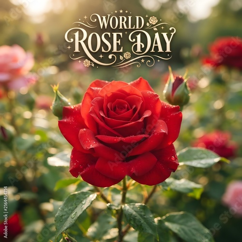 Red rose blooming on green foliage for world rose day