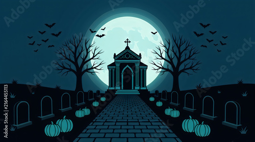 Spooky Halloween Cemetery Crypt Night Background with Full Moon
