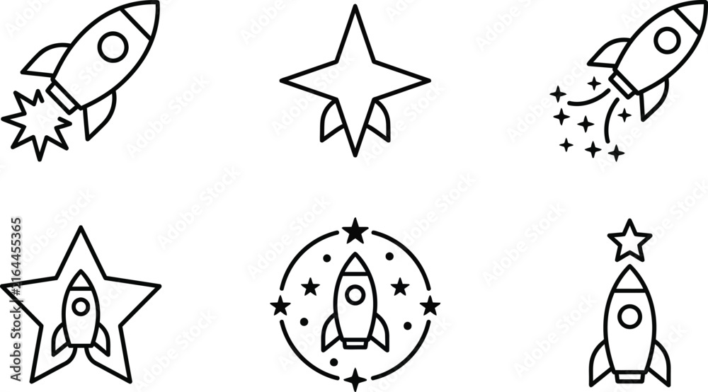 Fototapeta premium Minimalist rocket ship icon set, 6 black line space shuttle vectors, modern startup launch symbols for web design