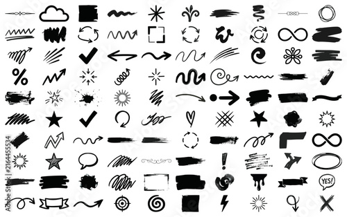 Hand drawn doodle elements set, collection of brush strokes, arrows, stars, speech bubbles and decorative symbols for scrapbooking, social media stories, bullet journal and graphic design projects