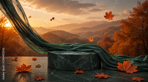 Sheer Green Fabric Drapes Elegantly Over Green Marble Podium in an Autumn Landscape, Flowing Textile, Luxury Display, Seasonal Showcase, Warm Golden Light	