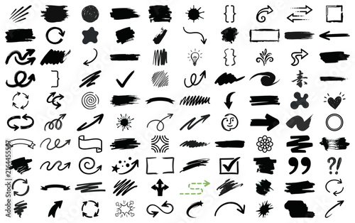 Hand drawn arrows and doodle brush strokes collection, set of grunge ink marks, speech bubbles, frames and symbols for creative social media design, planner branding, and digital scrapbooking elements