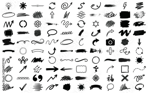 Hand drawn doodle elements and brush stroke arrows collection, set of scribble shapes, speech bubbles, frames and symbols for creative social media design, web annotation and digital presentation