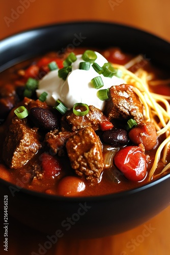 Delicious Hearty Chili with Vegetables and Toppings in Black Bowl