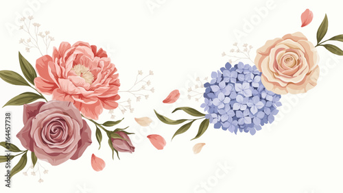 Beautiful floral composition with peonies roses and blue hydrangea flowers arranged for wedding cards and invitations.