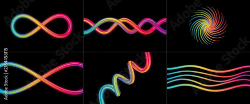 Vibrant 3d glossy tubing illustrations showing rainbow colored wave shapes and helix patterns against dark black backdrop.