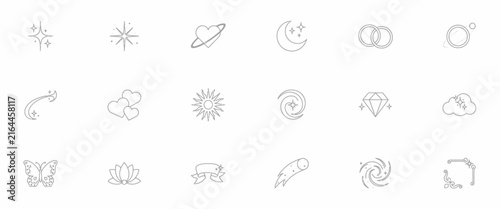 Collection of simple line art icons featuring celestial bodies hearts and nature elements for design.