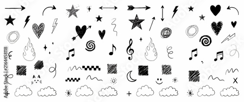 Messy hand drawn sketch collection featuring random scribbles lightning bolts hearts and organic decorative line art set.
