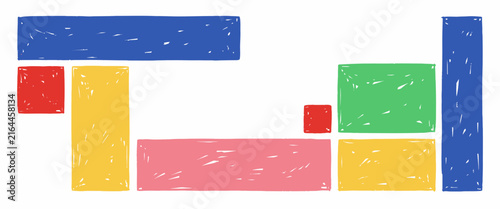 Hand drawn colorful blocks and rectangles in various sizes and colors forming abstract composition.