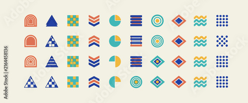 Set of colorful abstract geometric icons and symbols modern minimalist design elements for creatives.