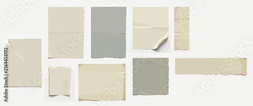 Collection of old paper textures isolated on white background including torn edges folded sheets and aged parchment items.