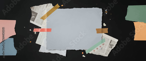 Creative collage frame with newsprint scraps and colorful paper strips on textured dark background for message display.