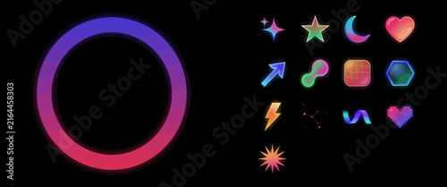 Gradient circle frame and holographic neon sticker set with star heart and cosmic shapes for futuristic digital design.