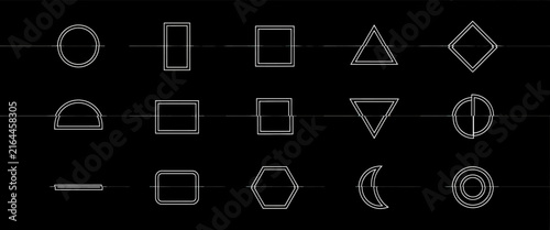 Linear white geometric outlines collection featuring circles squares and triangles with double stroke design on black background.