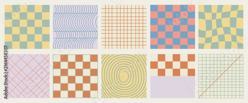 Abstract geometric patterns collection with retro checkered grids and wavy lines in pastel yellow blue and orange colors.