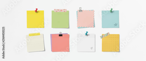 Set of colorful sticky notes and paper memos pinned with tape and clips collection on marble background for messaging.