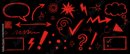 Red hand drawn doodle element collection with arrows exclamation marks and speech bubbles for creative infographic design.