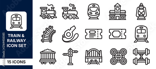Set of train and railway icons, including locomotives, tracks, tickets, signals, and bridges