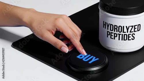 Close-up of a woman's hand pressing a retail BUY button next to a large plastic tub of hydrolyzed peptides powder. Instant online purchase and choosing the right premium collagen supplement concept