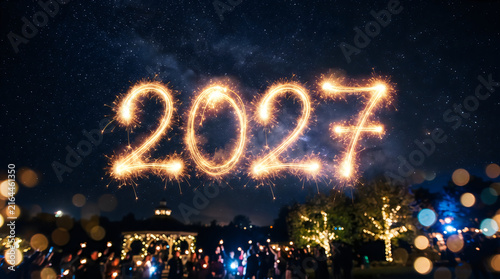 Happy New Year 2027 Sparkler Light Painting Written in Night Sky