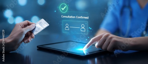 Remote Telehealth Consultation Confirmation Hologram Above Tablet, Medtech Commercial Banner