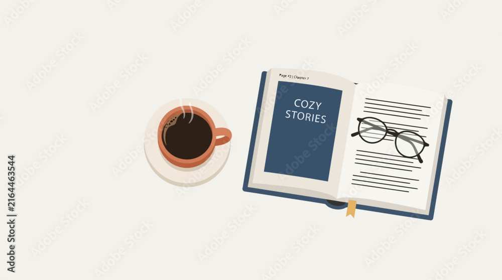 Naklejka premium Coffee Cup Notebook Glasses Workspace Essentials.