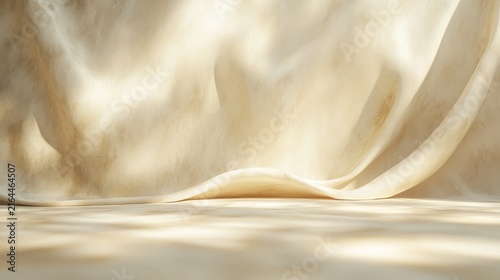 Beige fabric background with soft shadows and elegant folds for product display.