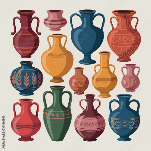 vase colorful set, vase vector collection, diverse vase designs, ancient, ceramic, potter, amphora, . Ideal for interior design, art decor, elegant visuals on white Background