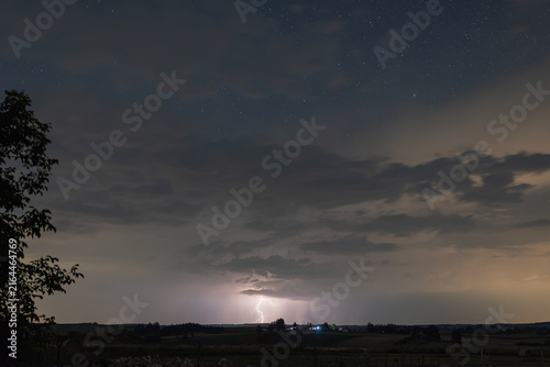 Storm at night, dark sky with stars and atmospheric landing to the ground, lightning