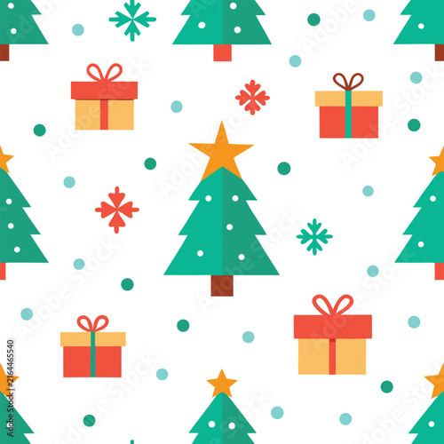 Seamless pattern with flat christmas trees and gift boxes on a white background for holiday wrapping paper