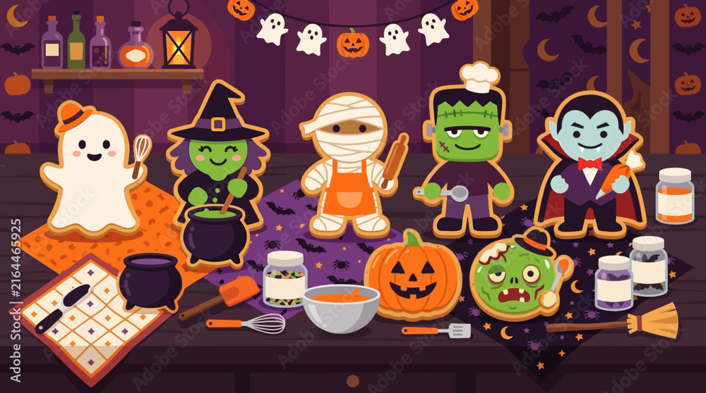 Fototapeta premium Halloween-themed baker character celebrating with festive treats