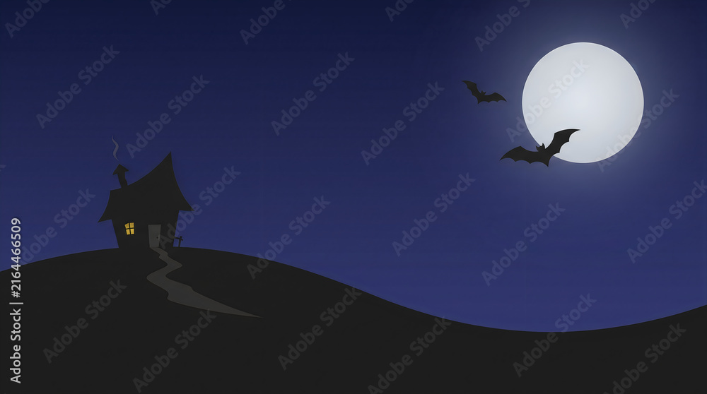 Fototapeta premium Spooky Halloween House Silhouette with Full Moon and Flying Bats