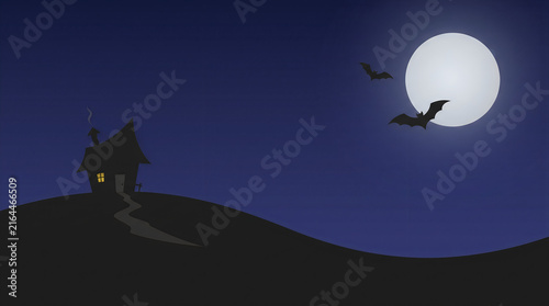 Spooky Halloween House Silhouette with Full Moon and Flying Bats
