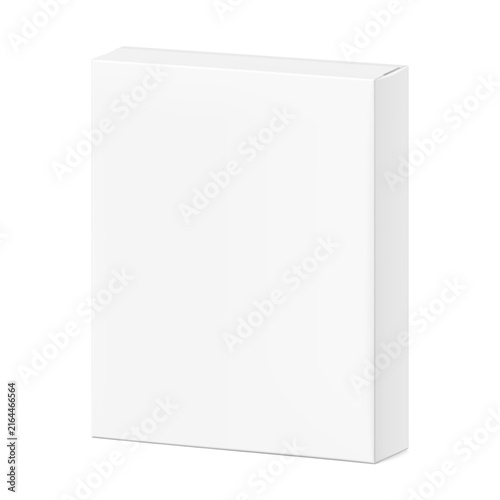 Realistic closed paperboard box mockup for design, branding, presentation of medicine, food, cosmetic product. Half side view. 3D realistic vector illustration isolated on white background. EPS10.