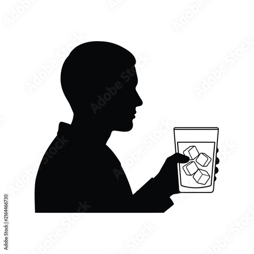Man Holding Glass with Ice Cubes Silhouette  Minimalist Male Profile Drinking Vector Icon-01.eps