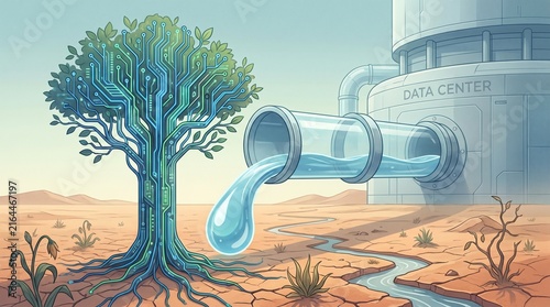Circuit Tree Watered by Freshwater Pipe While the Landscape Dries as a Metaphor for AI Water Demand