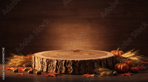 Round tree slice wooden podium with autumn pumpkins wheat and rustic wood background for product display stage