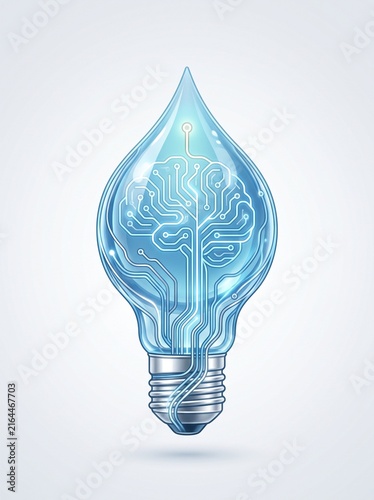 Water Droplet Light Bulb with Circuit Lines as a Metaphor for the AI Innovation and Water Paradox