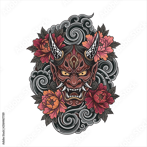 Japanese inspired tattoo illustration of a fierce red oni mask with patterned horns and sharp fangs, surrounded by swirling dark clouds and vibrant peonies in bold symmetrical ornamental styling