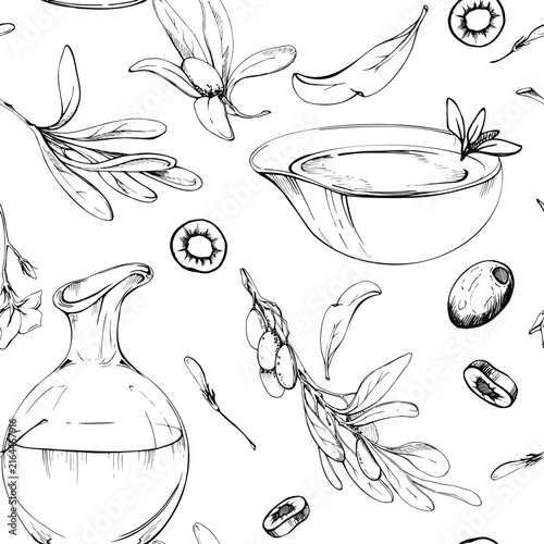 Seamless pattern of liquid oil, drink vessels, dip ceramic bowl, botanical olive elements. Hand drawn pencil artwork. Gourmet branding, kitchen accessories, product labels, stationery collections.