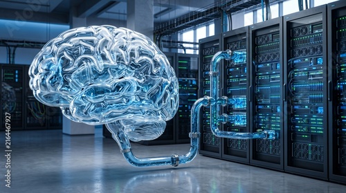 Brain Shaped Water Pipeline Feeding Server Cabinets as a Metaphor for AI Cooling Dependence