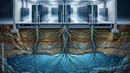 Server Racks with Roots Reaching into an Aquifer as a Metaphor for Hidden AI Water Extraction