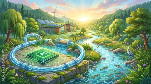 Green AI Chip with a Recycled Water Loop and Recovering River as a Sustainable Cooling Metaphor