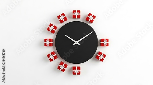 Creative wall clock with red gift boxes as hour markers on a white background