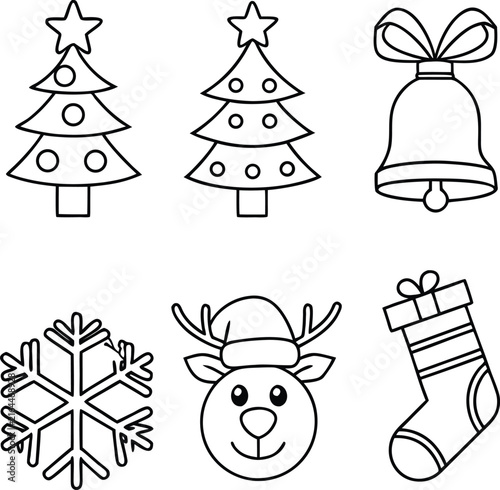 A collection of hand drawn black and white christmas themed icons featuring trees a bell and reindeer