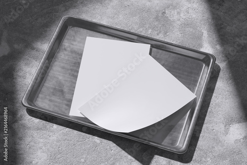White paper on metal tray for mockup template