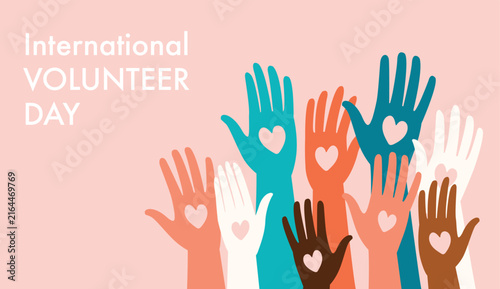 Hands holding hearts together, World Humanitarian Day banner. Volunteers, NGO crowd for charitable aid, help, charity, donation and support. Flat vector illustration isolated on white background