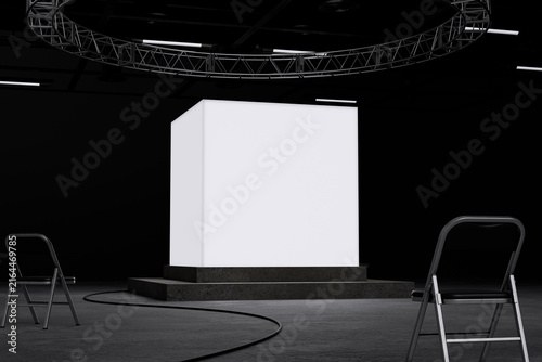 Glowing cube pedestal with ladder for mockup template
