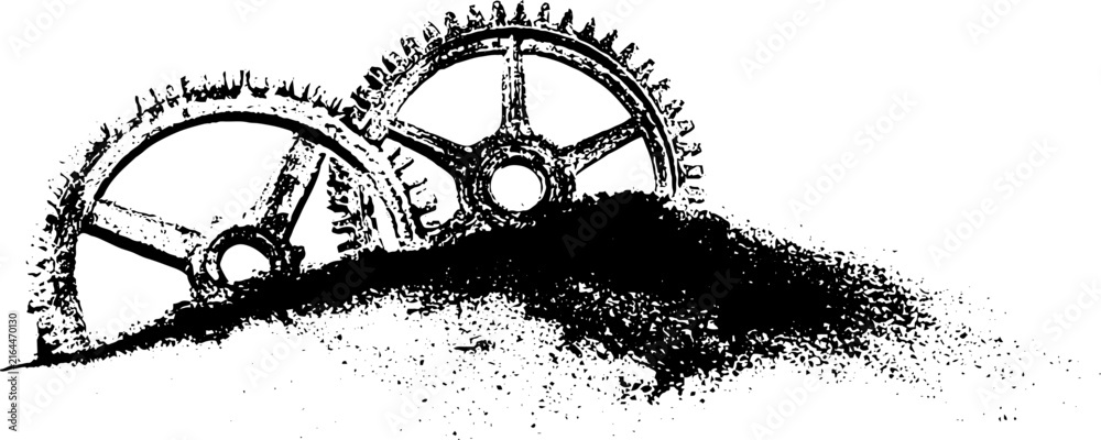 Obraz premium Black and white grunge overlapping gear stencil with mound and distressed texture for industrial background or wallpaper design