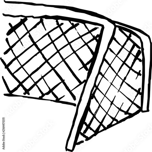 Soccer goal net hand drawn line art with a curved frame and crosshatched netting, ideal for football stickers, sports worksheets, posters, and game graphics.